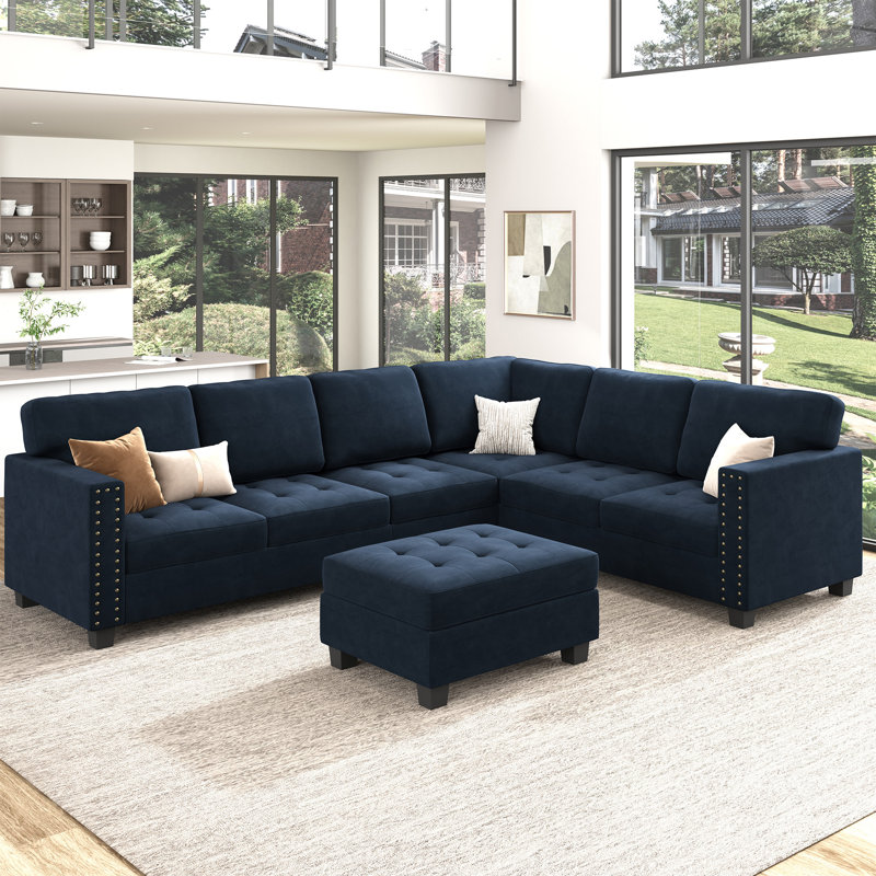Kamilya Velvet Corner Sectional Sofa U Shaped Couch with Storage Ottoman House of Hampton Body Fabric Gray Velvet